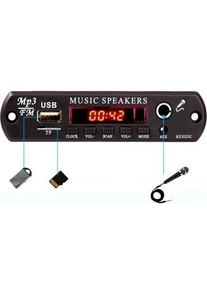 60W Amplifikatör Bluetooth 5.3 Mp3 Wm. Dekoder Kurulu Ekran Mikrofon 12V Araba Fm Radyo USB