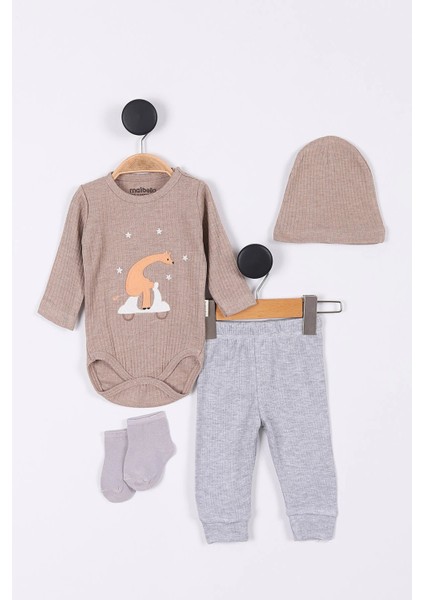 Zürafa Desenli Müslin Erkek Bebek Hastane Çıkışı Bebek Kıyafetleri Yenidoğan Hastane Çıkış Seti 4 Lü