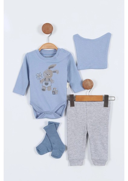 Tavşan Desenli Erkek Bebek Hastane Çıkışı Bebek Kıyafetleri Yenidoğan Hastane Çıkış Seti 4 Müslin