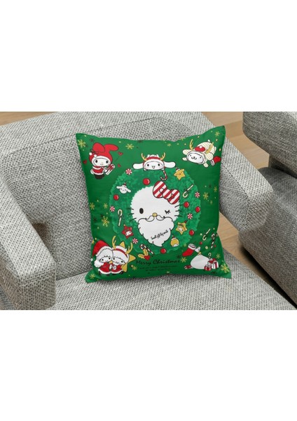 Yeniyıl Noel Temalı Sanrio Karakterleri Yeşil Desenli Yastık Kılıfı
