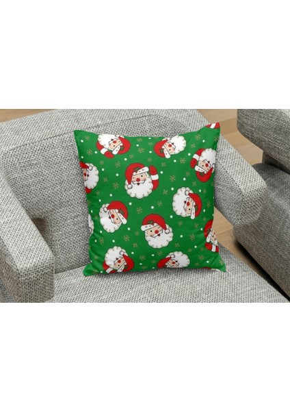 Yeniyıl Noel Temalı Noel Baba Yesil Kolaj Desenli Yastık Kılıfı
