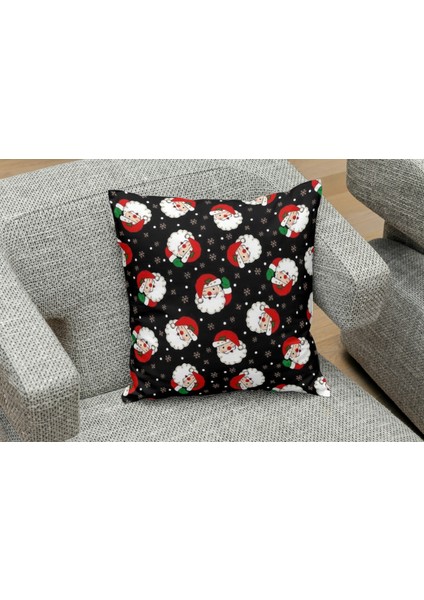 Yeniyıl Noel Temalı Noel Baba Lacivert Kolaj Desenli Yastık Kılıfı