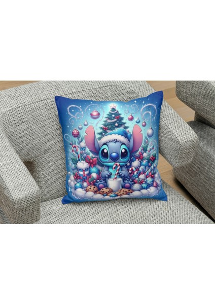 Yeniyıl Noel Temalı Stitch Mavi Desenli Yastık Kılıfı