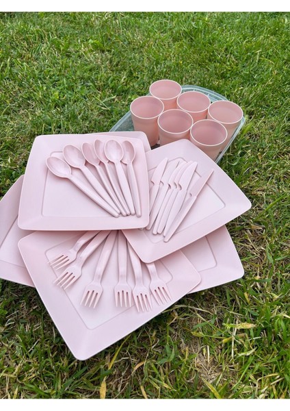 Piknik Seti 32 Parça 6 Kişilik Bardak Çatal Kaşık Bıçak Tabak - Pembe ( 1 Adet )
