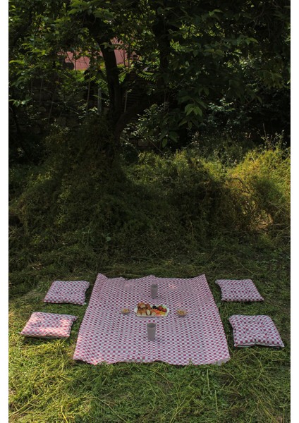 Yer Masa Piknik Örtüsü Sofra Bezi 160 x 160 , 4 Minder 45 x 45CM Set (Fuşya)