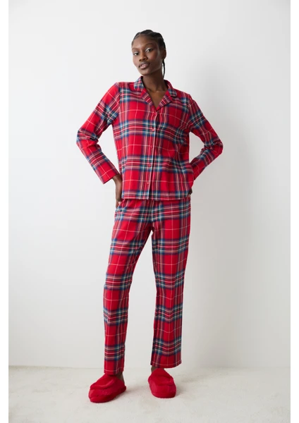 New York Red Checked Kırmızı Gömlek Pantolon Pijama Takımı