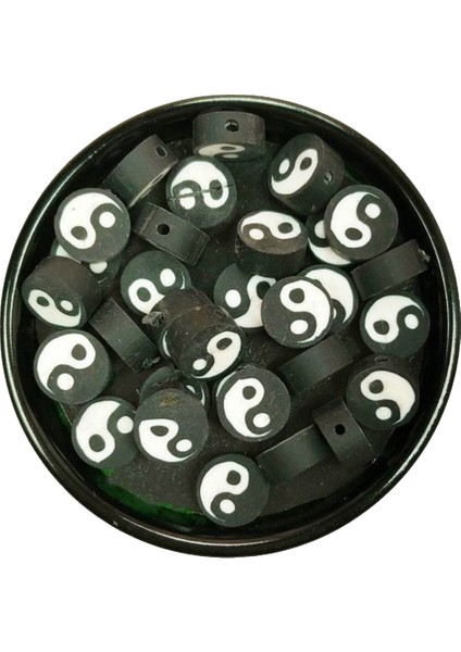 90 Adet 10 mm Polimer Kil Fimo Boncuk Takı Bileklik + 5 Metre Lastikli Misina Hediye - Yin Yang