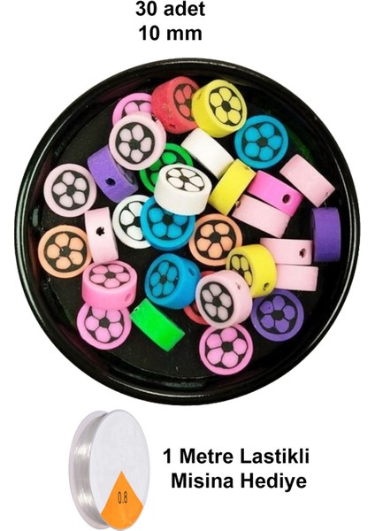 30 Adet 10 mm Polimer Kil Fimo Boncuk Takı Bileklik + 1 Metre Lastikli Misina Hediye - Renkli Çiçek