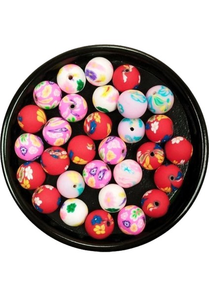 30 Adet 10 mm Polimer Kil Fimo Boncuk Takı Bileklik + 1 Metre Lastikli Misina Hediye - Desenli Yuvarlak