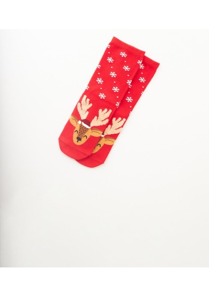 Bebek Geyik Baskılı Yılbaşı Soket Çorap Kırmızı