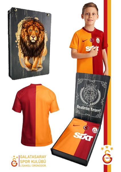 Orijinal Lisanslı 23-24 Parçalı Sarı Kırmızı Çocuk Forma Aslan Baskılı Hediyelik Ahşap Kutulu