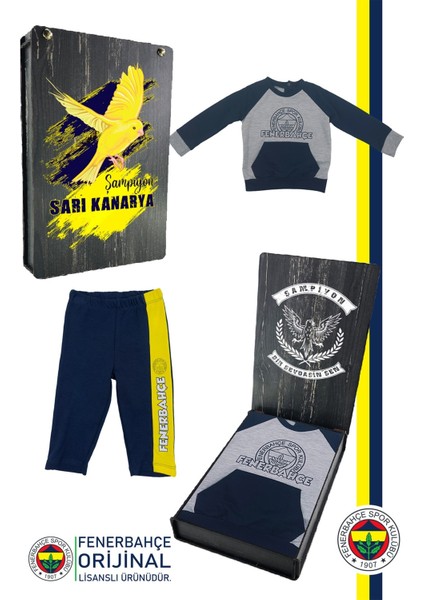 Fb Logo Sarı-Lacivert Bebek Sweat Eşofman Alt Set Ahşap Kutulu