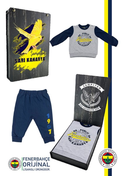 Lisanslı Republic Of Fenerbahçe Lacivert Bebek Sweat Eşofman Alt Set Ahşap Kutulu