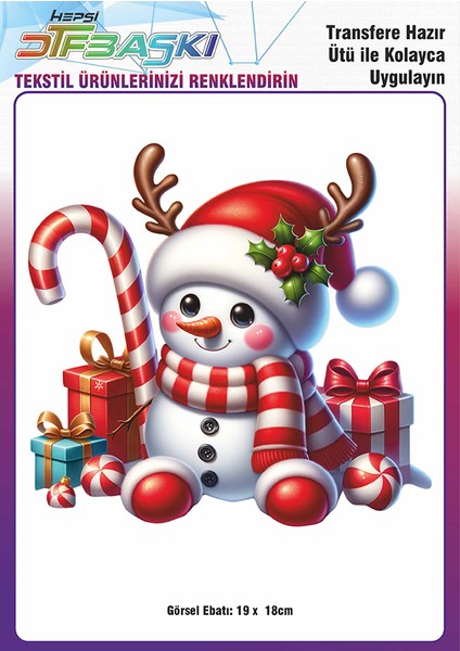 Kardan Adam Yılbaşı Noel Ütü ile Yapışan Tişört Tekstil Transfer Dtf Baskı