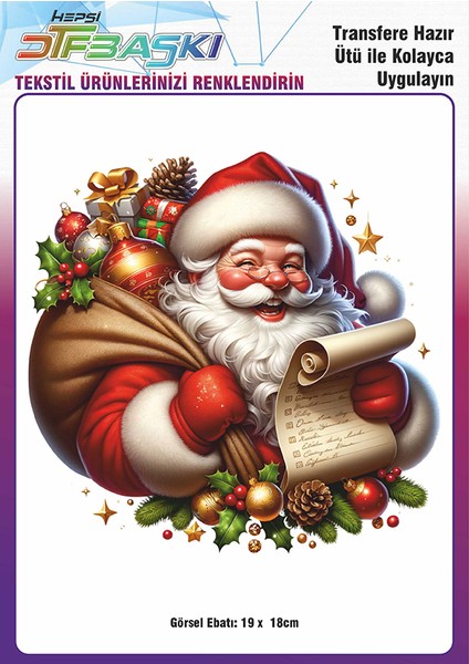 Yılbaşı Noel Baba Ütü ile Yapışan Tişört Tekstil Transfer Dtf Baskı