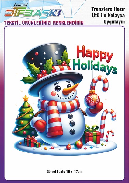 Kardan Adam Yılbaşı Noel Ütü ile Yapışan Tişört Tekstil Transfer Dtf Baskı
