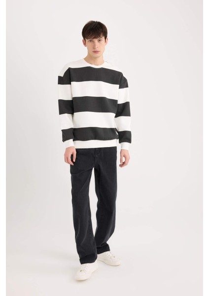Boxy Fit Bisiklet Yaka Çizgili Dokuma Etiketli Sweatshirt A9066AX24AU fiyatları