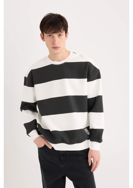 Boxy Fit Bisiklet Yaka Çizgili Dokuma Etiketli Sweatshirt A9066AX24AU modelleri
