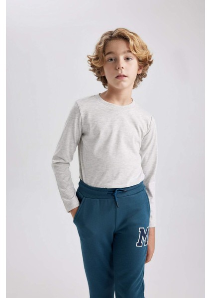 Erkek Çocuk Gri Standart Fit Normal Kesim Bisiklet Yaka Basic Düz %100 Pamuk Uzun Kollu Tshirt B7771A8NS