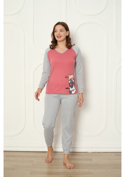 Fwn 04-3024 Interlok Kumaş Minnoş Kedili Kışlık Ev Kadın Pijama Takımı
