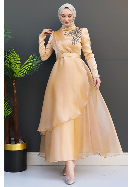 Taşlı Organze Abiye Fuşya