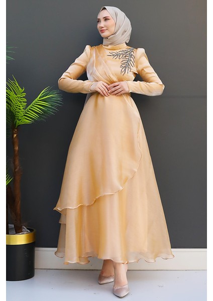 Taşlı Organze Abiye Fuşya