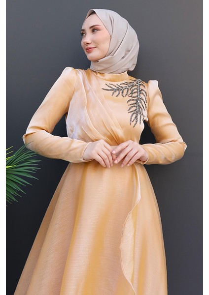 Taşlı Organze Abiye Fuşya