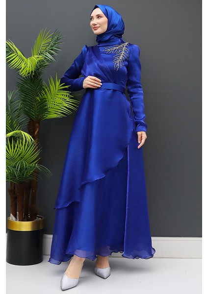 Taşlı Organze Abiye Gece Mavi