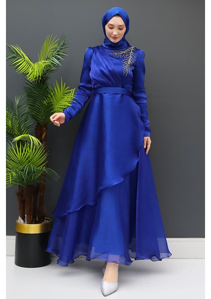 Taşlı Organze Abiye Gece Mavi fiyatları