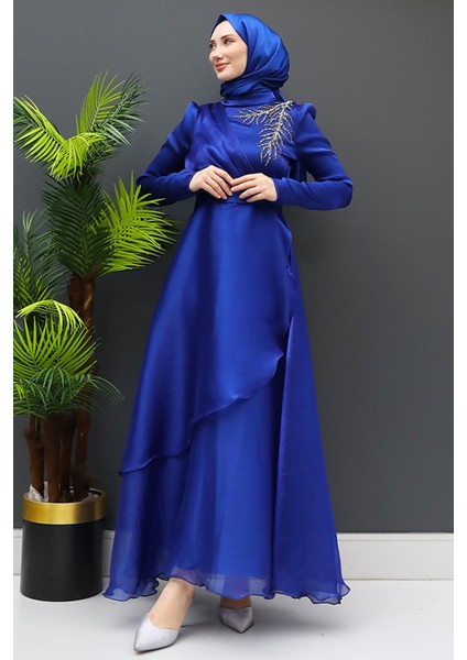 Taşlı Organze Abiye Gece Mavi modelleri