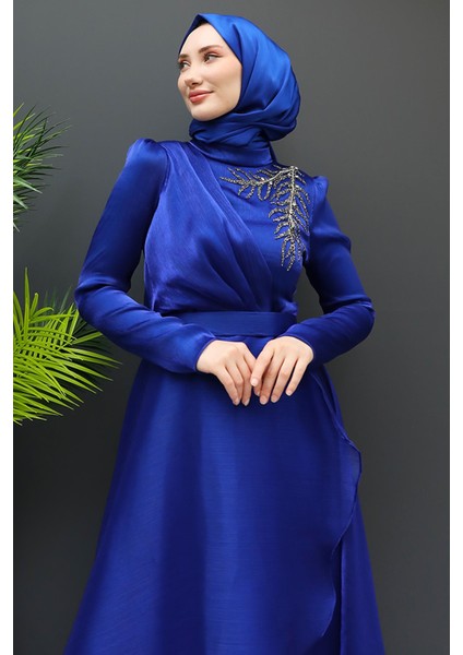 Taşlı Organze Abiye Gece Mavi indirimleri