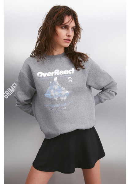 Faylınn Kadın Bisiklet Yaka Içi Polarlı Baskılı Gri Sweatshirt