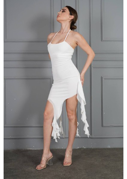 Kadın Likralı Asimetrik Saçaklı Elbise NBDF057