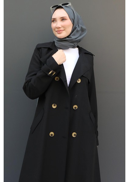 Liza Düğmeli Trenç Siyah