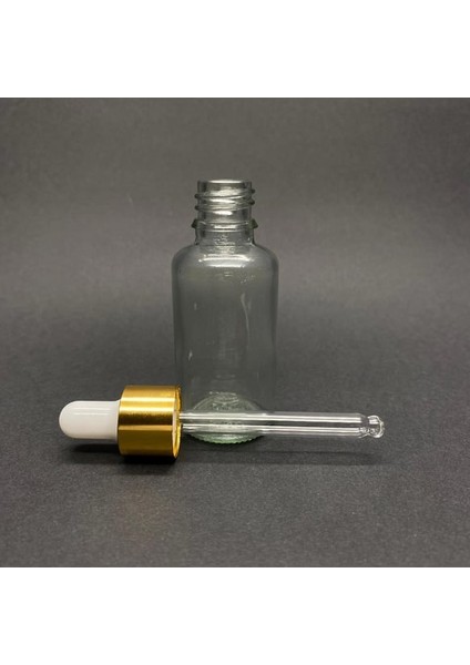 30 ml Şeffaf, Cam Şişe, 24 Adet, Cam Damlalıklı, Ecza Şişesi, Propolis Şişesi, Gold Kapak Beyaz Emzik