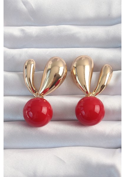 Pirinç Gold Renk Kırmızı Yuvarlak Tasarım Küpe - TJ-BKP9171