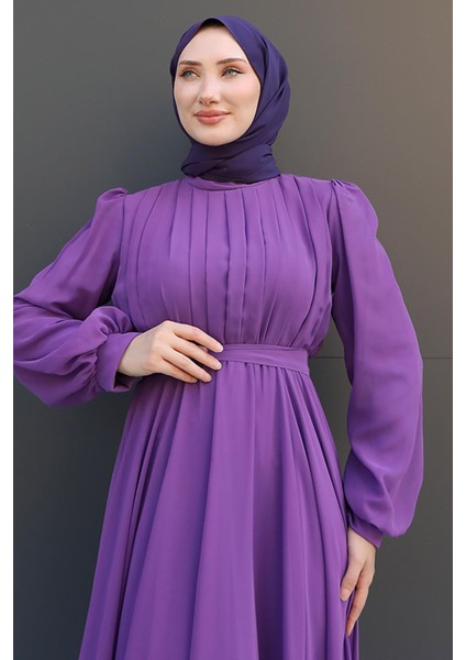 Beli Lastikli Pileli Şifon Elbise Koyu Lila