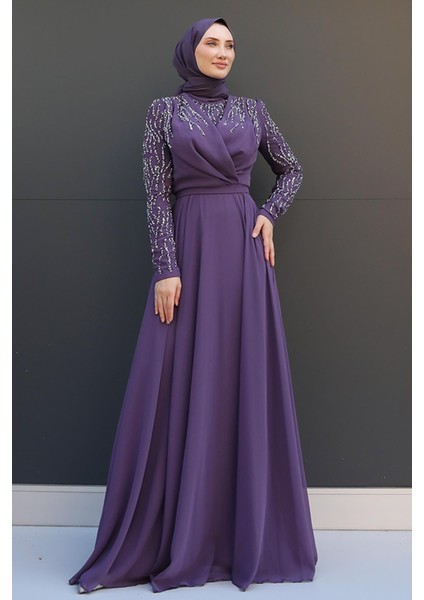 Vela Tesettür Şifon Abiye Sütlükahve