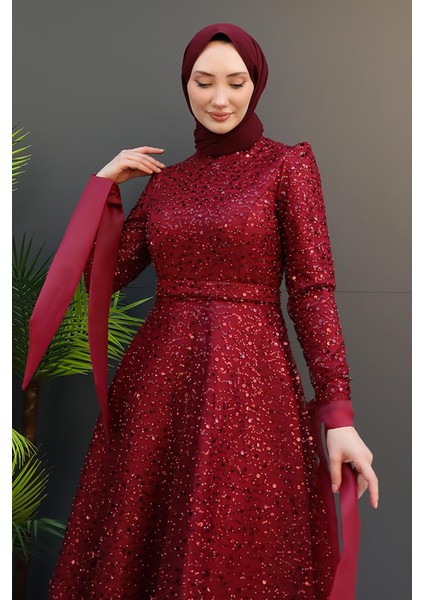 Simay Tesettür Abiye Bordo
