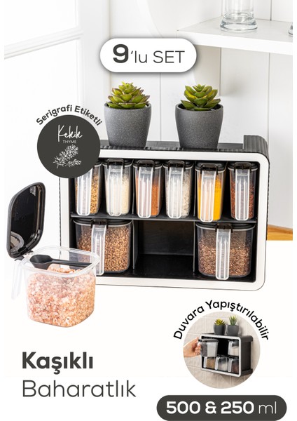 Beyaz Serigrafi Etiketli 9lu Standlı Kendinden Yapışkanlı Kaşıklı Baharatlık Seti Siyah