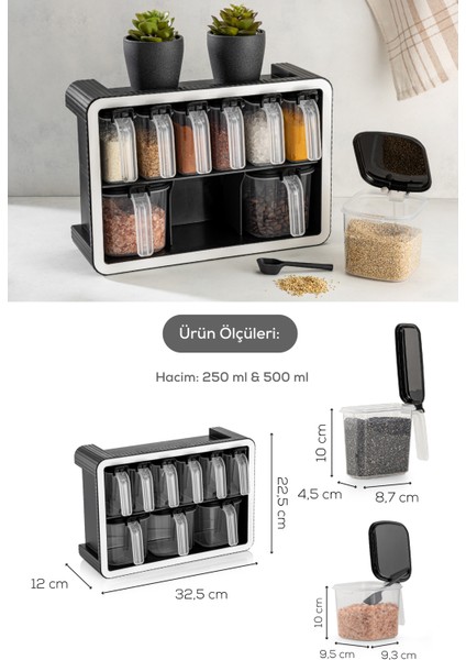 Beyaz Serigrafi Etiketli 9lu Standlı Kendinden Yapışkanlı Kaşıklı Baharatlık Seti Siyah indirimleri