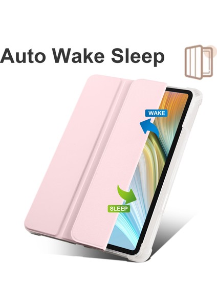 Honor Pad 8 Için Üç Katlı Stand Tablet Kılıfı Kalem Tutuculu Pu Deri Şeffaf Tpu Arka Kapak, Otomatik Uyandırma/uyku-Pembe (Yurt Dışından)