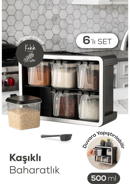 Beyaz Serigrafi Etiketli 6lı 500 ml Standlı Kendinden Yapışkanlı Kaşıklı Baharatlık Seti Siyah