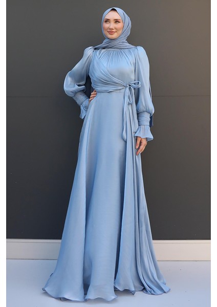 Fiyonk Detay Ipek Abiye Bebe Mavi