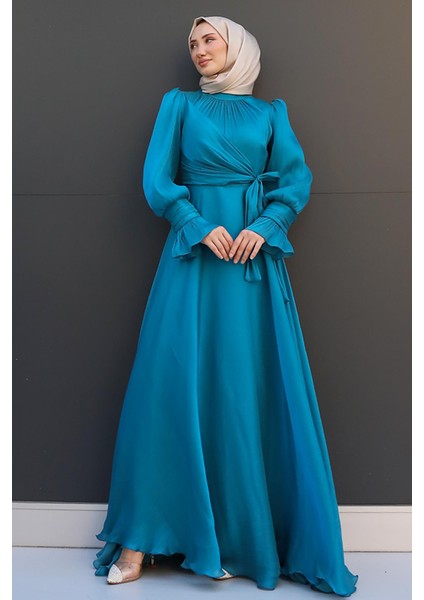 Fiyonk Detay Ipek Abiye Gece Mavi