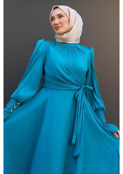 Fiyonk Detay Ipek Abiye Gece Mavi indirimleri