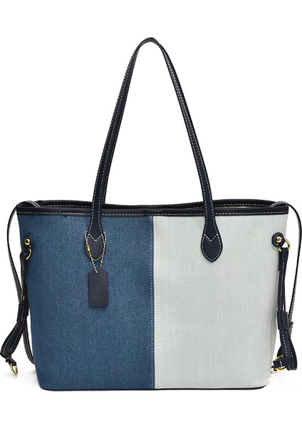 Moda Basit Kontrast Renk Dekme Denim Crossbody Çanta Iki Parçalı Set (Yurt Dışından)