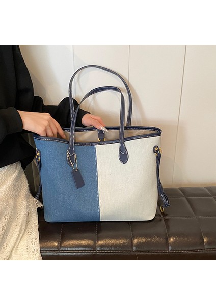 Moda Basit Kontrast Renk Dekme Denim Crossbody Çanta Iki Parçalı Set (Yurt Dışından)