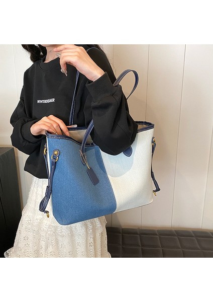 Moda Basit Kontrast Renk Dekme Denim Crossbody Çanta Iki Parçalı Set (Yurt Dışından)