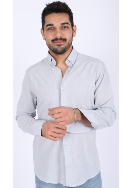 Erkek Pamuklu Keten Gömlek Yakalı Uzun Kollu Gri Renk modelleri